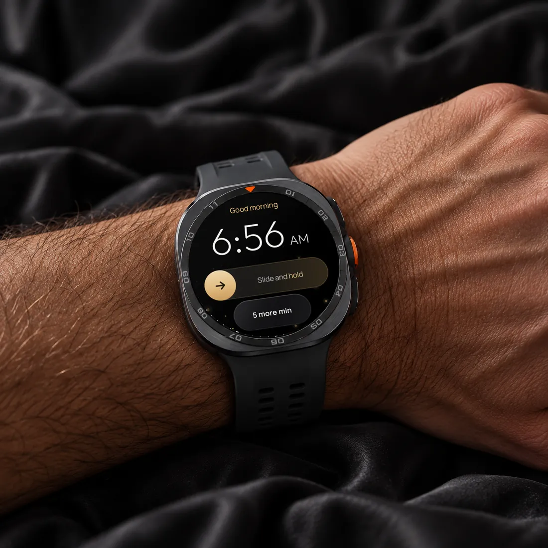 Galaxy Watch Ultra on a wrist vibrating with the Phasewake alarm