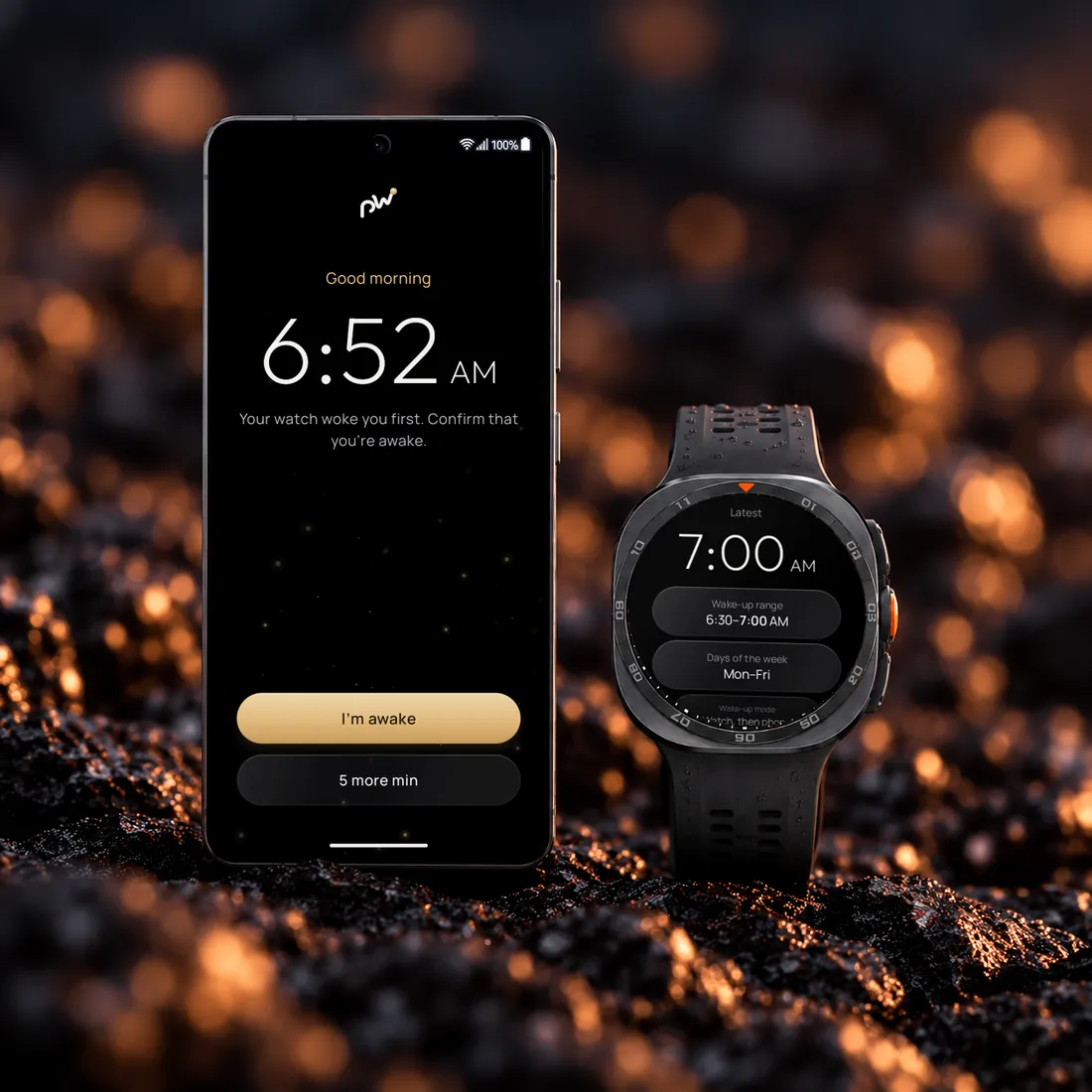 Phone ringing with Phasewake next to Galaxy Watch Ultra showing alarm settings
