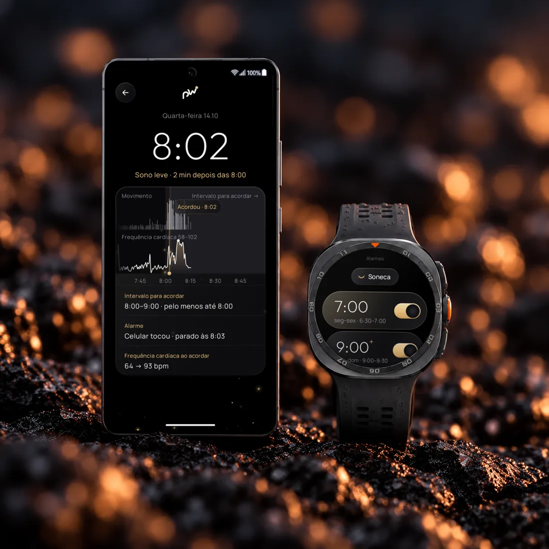 Phasewake no celular com o gráfico do despertar desta manhã, ao lado do Galaxy Watch Ultra com a lista de alarmes
